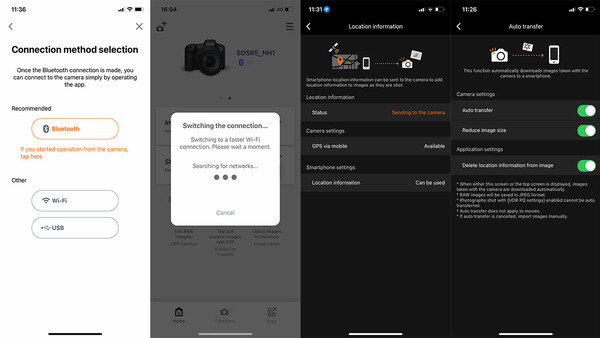 Screenshot showing camera app connection setup screens with Bluetooth pairing options and location settings.
