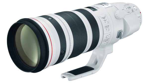 White telephoto zoom lens with white barrel, multiple focus rings, and tripod collar against white background.