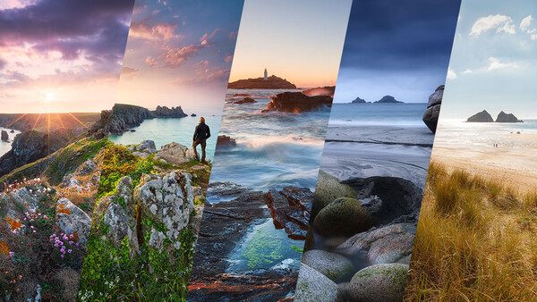 Composite of five coastal landscape photographs featuring sunrise and sunset lighting over rocky shores and beaches.