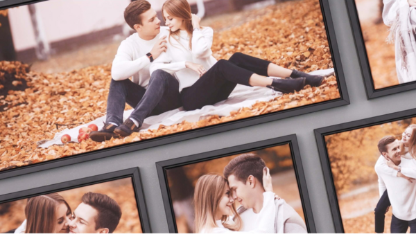 Multiple framed portrait photographs displaying couples in intimate poses outdoors on brown gravel.