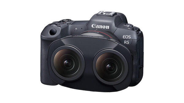 Canon EOS R5 mirrorless camera with dual lens setup, front-facing view against white background.