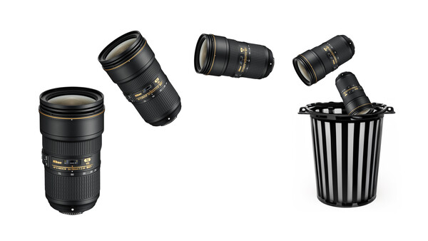 Illustration of camera lenses in various focal lengths arranged on white background.