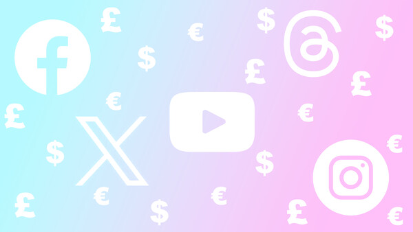 Graphic illustration of social media and payment platform icons with currency symbols on gradient background.