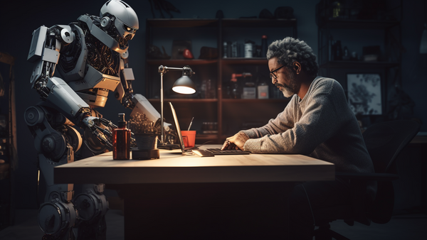 Older man with glasses sitting at desk across from a humanoid robot in warm studio lighting.