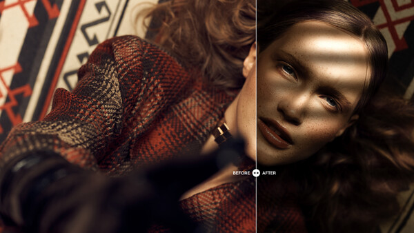 Before and after comparison of portrait retouching showing enhanced skin texture and dramatic side lighting.