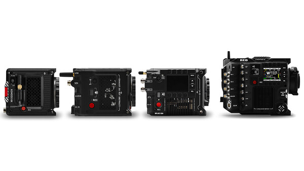 Four professional cinema cameras displayed in profile view from left to right.