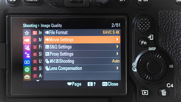 Screenshot of camera menu showing Image Quality settings with File Format set to XAVC S 4K.
