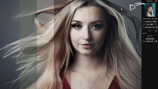 Portrait of a woman with long, flowing hair and subtle lighting effects creating depth and dimension.