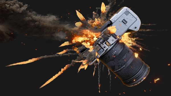 Camera lens exploding in a dramatic burst of fire and smoke against a black background.