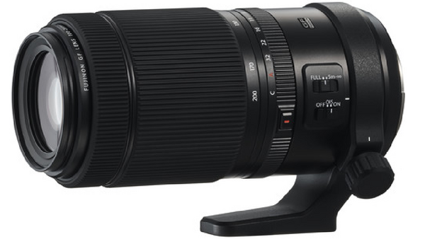 Black telephoto zoom lens with focus ring and stabilization controls visible on barrel.