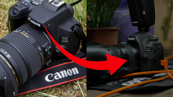 Canon EOS camera bodies shown before and after, with red arrow indicating an upgrade or comparison between models.