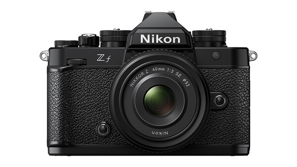Nikon Zf mirrorless camera with 40mm f/2 SE lens mounted, shown from front against white background.