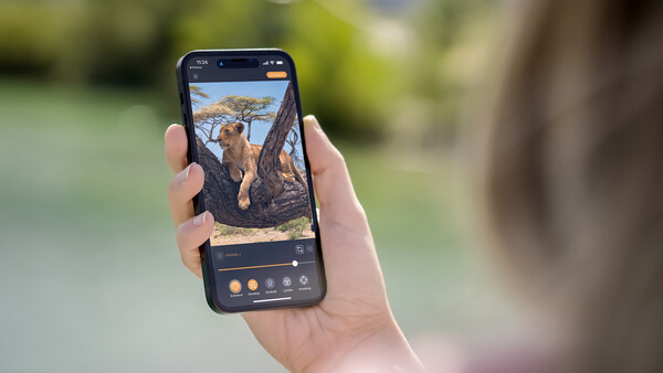 Smartphone displaying landscape photo editing interface with adjustment controls visible.
