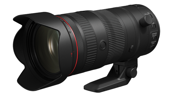 Professional telephoto zoom lens with red accent ring and petal-type lens hood attached.
