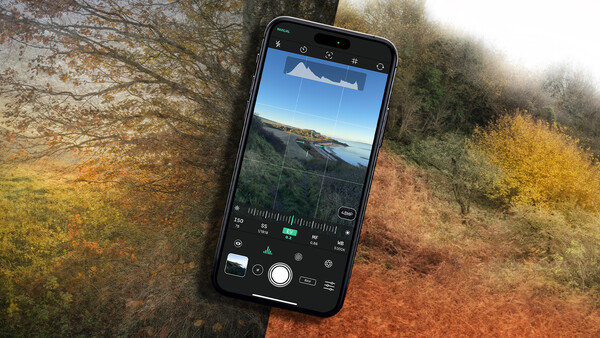 iPhone displaying mobile photography app interface with landscape mountain and water scene