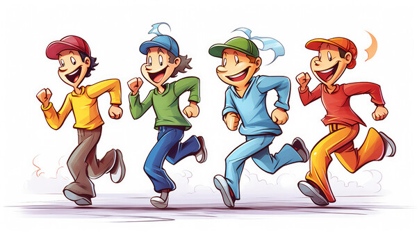 Illustration of four cartoon characters jogging together in a playful running pose.