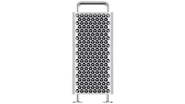 Cylindrical stainless steel grater with perforated surface and handle against white background.