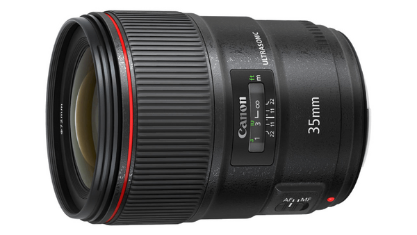 Canon EF 35mm f/1.4L USM prime lens with red ring accent and autofocus controls.