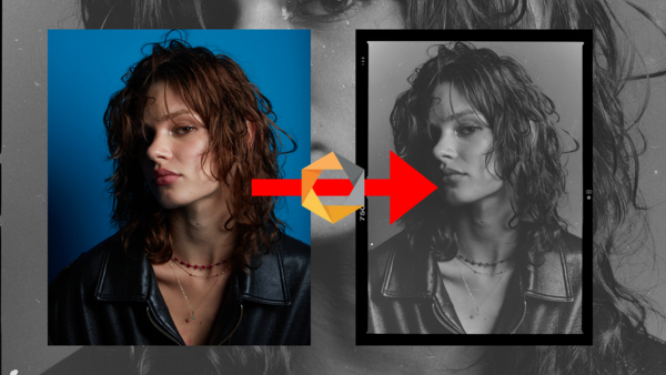 Side-by-side comparison showing color portrait transformed to black and white with processing adjustments.