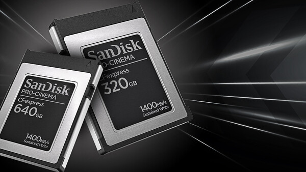 SanDisk Extreme PRO CompactFlash and Cinema Express memory cards displayed against a dark background with dramatic lighting effects.
