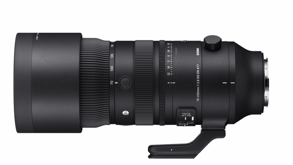 Black telephoto lens with focus ring and tripod collar, shown in profile against white background.