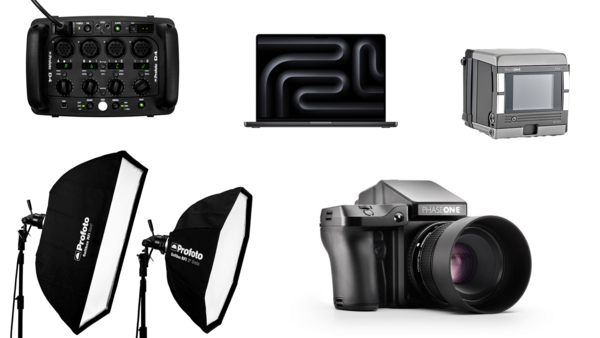Collection of professional photography equipment including a mixer, monitor, camera back, softboxes, and medium format camera.