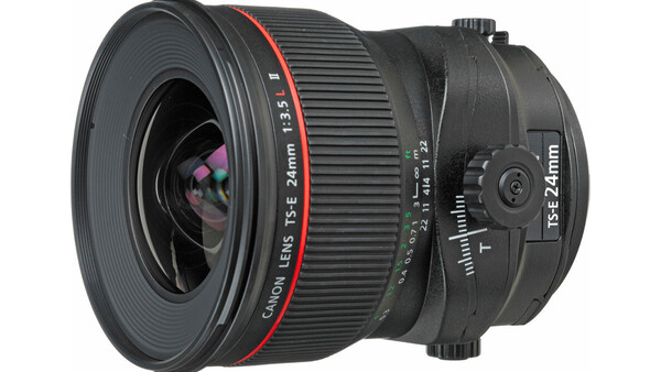 Canon TS-E 24mm f/3.5L tilt-shift lens with shift and tilt adjustment mechanisms visible on the barrel.