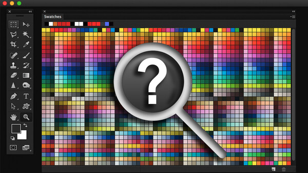 Screenshot of a digital color swatch palette with a magnifying glass icon displaying a question mark.