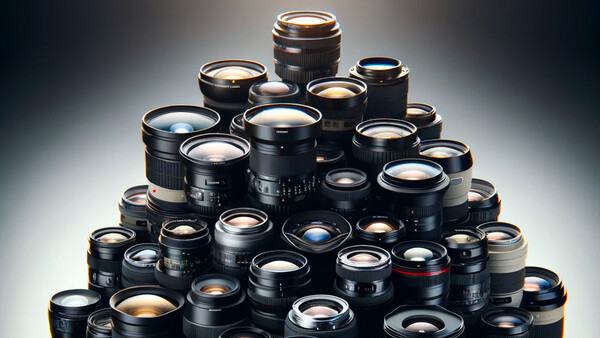 A pyramid arrangement of camera lenses with various focal lengths and sizes, all with visible glass elements and metal barrels.