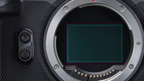 Camera body with open mirror box showing sensor and contact pins against textured grip.