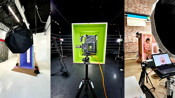 Three studio setups showing professional lighting equipment and camera rigs in different configurations.