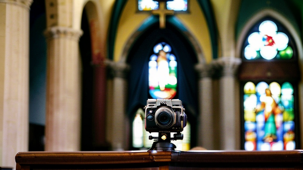Camera on tripod pointed toward stained glass windows inside a cathedral with Gothic arches.