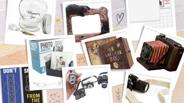 Flat lay arrangement of vintage and modern photography equipment, prints, and creative materials on a neutral surface.