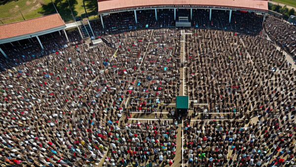 Aerial view of a massive crowd filling a stadium field during an organized event or gathering.