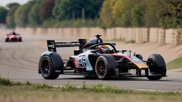 Open-wheel race car with white, black, and gold livery cornering on a racetrack with competitor behind.