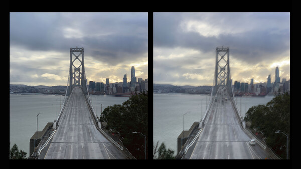 Side-by-side comparison of the same suspension bridge and city skyline with different exposure processing.