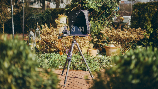 Film clapperboard mounted on tripod in garden surrounded by dried plants and greenery
