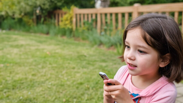 Young girl in pink shirt looking down at smartphone in backyard setting.