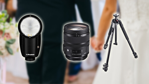 Three photography equipment items: a compact flash unit, a zoom lens, and a sturdy tripod with ball head.