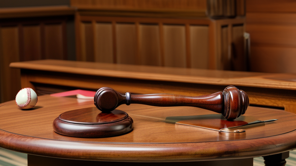 Wooden gavel and sound block on a desk with a baseball and documents in a courtroom setting.