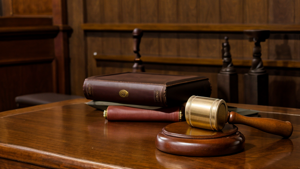 Judge's gavel and law books arranged on a wooden desk in a courtroom setting.