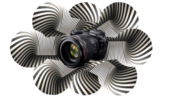 Canon DSLR camera surrounded by black and white striped spherical shapes against a white background.