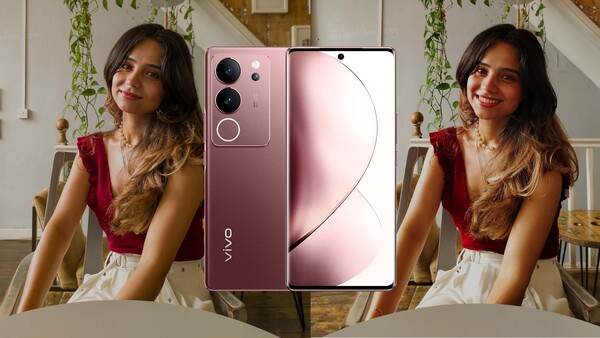 Vivo smartphone in burgundy with triple rear cameras displayed next to portrait photos of a woman in a home interior setting.