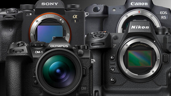 Four professional mirrorless cameras displayed front-facing with sensor mounts visible: Sony Alpha, Olympus OM-1, Canon EOS R5, and Nikon Z body.