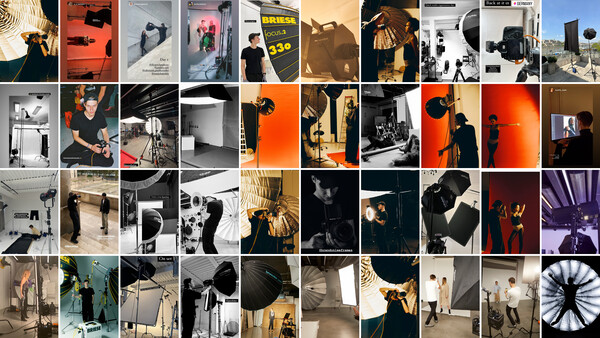 Grid of 50 behind-the-scenes photography studio images showing lighting setups, equipment, and production work.