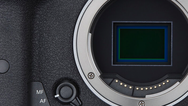 Close-up of a camera's mirror and sensor chamber with autofocus controls visible on the body.