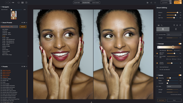 Before and after portrait comparison showing skin retouching adjustments on a woman's face.