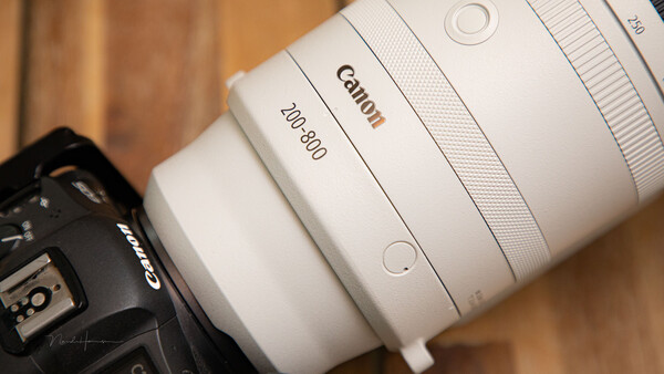 White Canon 70-300mm telephoto lens mounted on a Canon DSLR camera body.