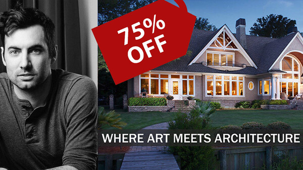 Promotional graphic combining a portrait of a man on the left with a modern house exterior on the right, overlaid with a red banner stating "75% OFF" and text reading "WHERE ART MEETS ARCHITECTURE."
