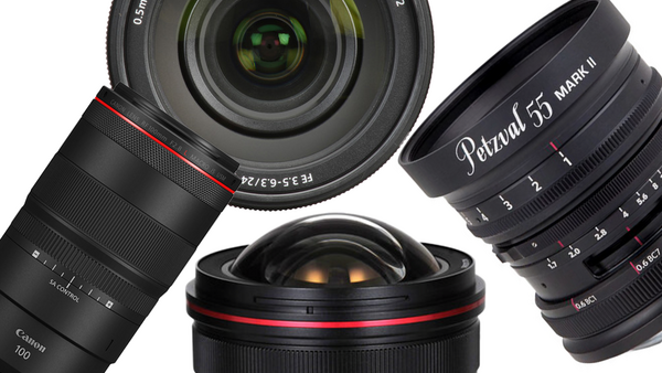 Four camera lenses arranged on a white background, displaying various focal lengths and designs.